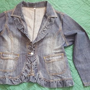 Embellished Denim Jacket with Ruffle Edge XXL